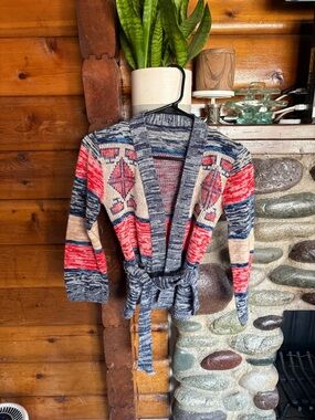 Vintage 70s Southwestern Space Dye Knit Belted Cardigan Womens XS